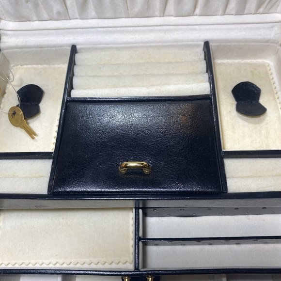 RETRO Black Jewellery Box Travel Case Faux Leather & Key Trays Mirror - Picture 5 of 10